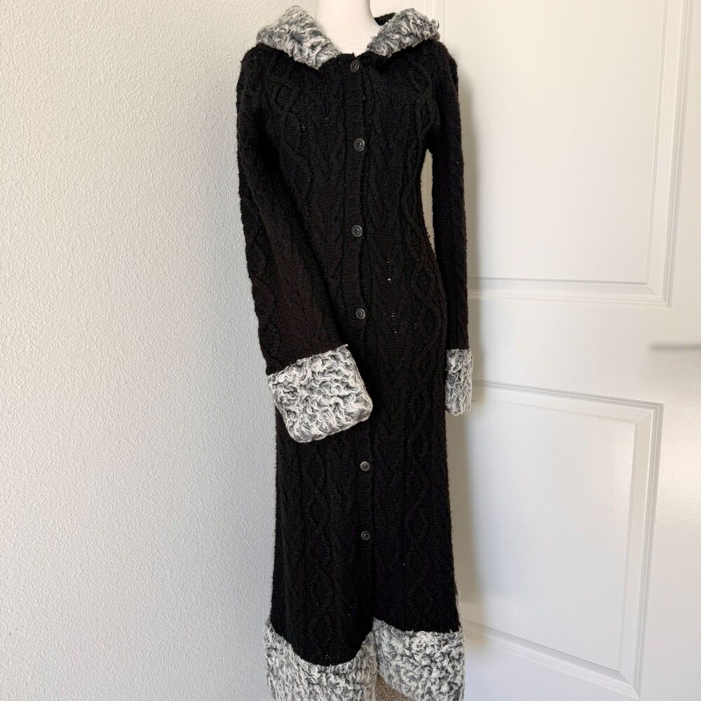 Evolution Black Long Button Up Cardigan w/ White Fur Trim Size M 90s Y2K RARE